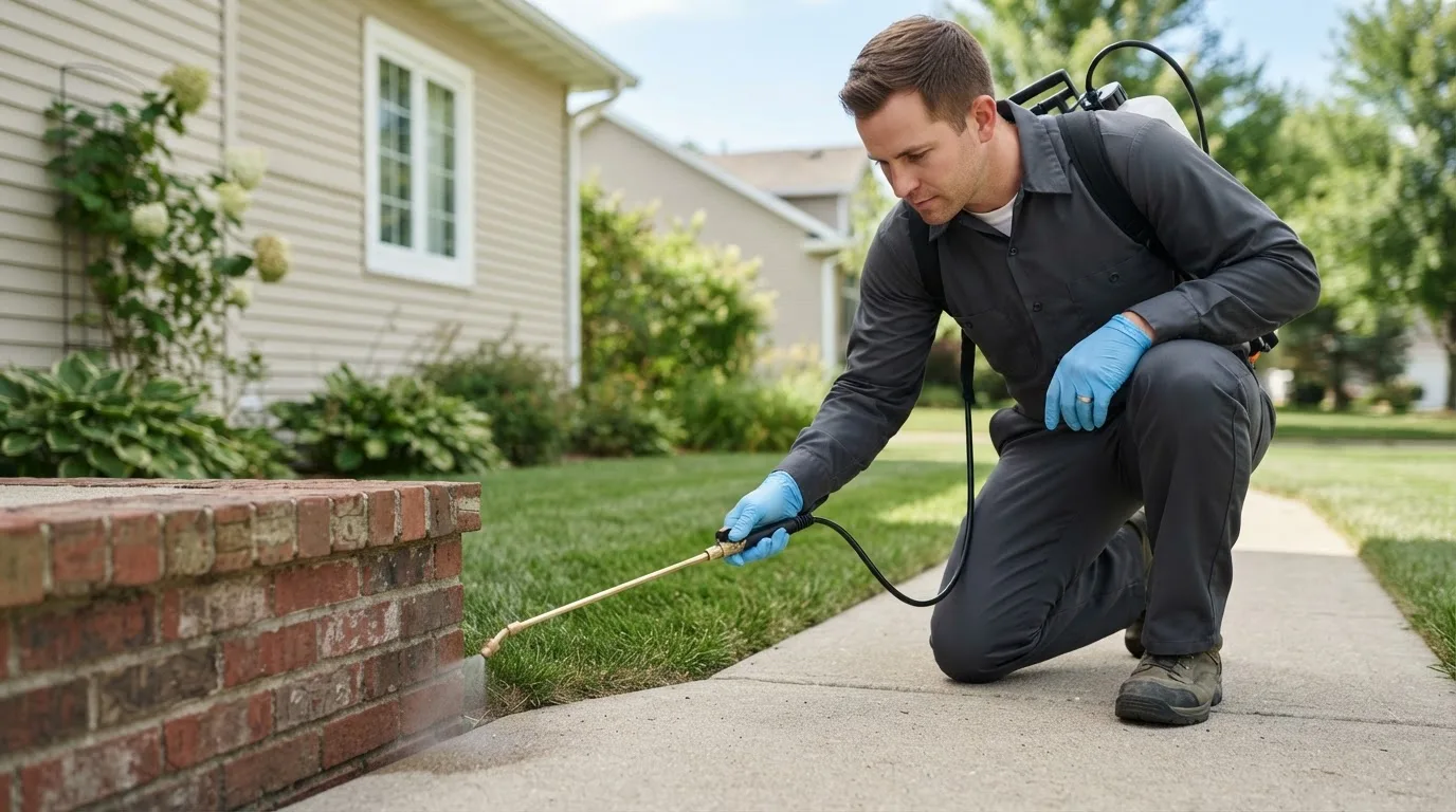Pest control technician treating a home near East Burke, VT