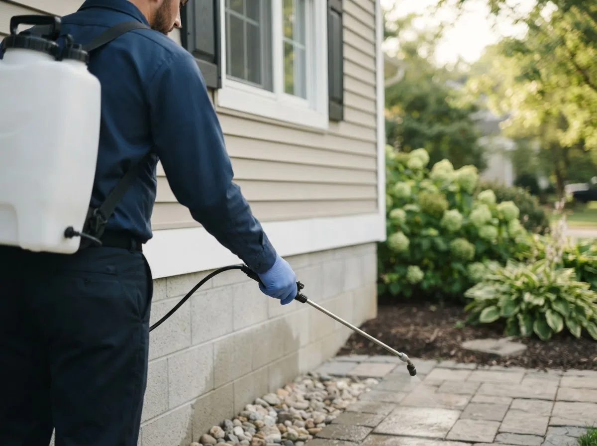 Pest control technician inspecting a home in East Burke, VT